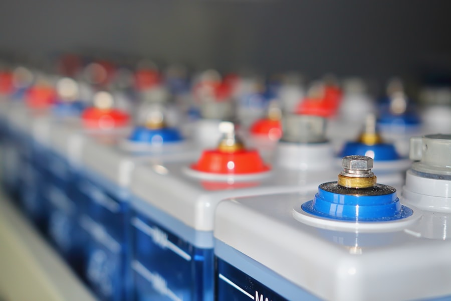 Rows of industrial batteries in production